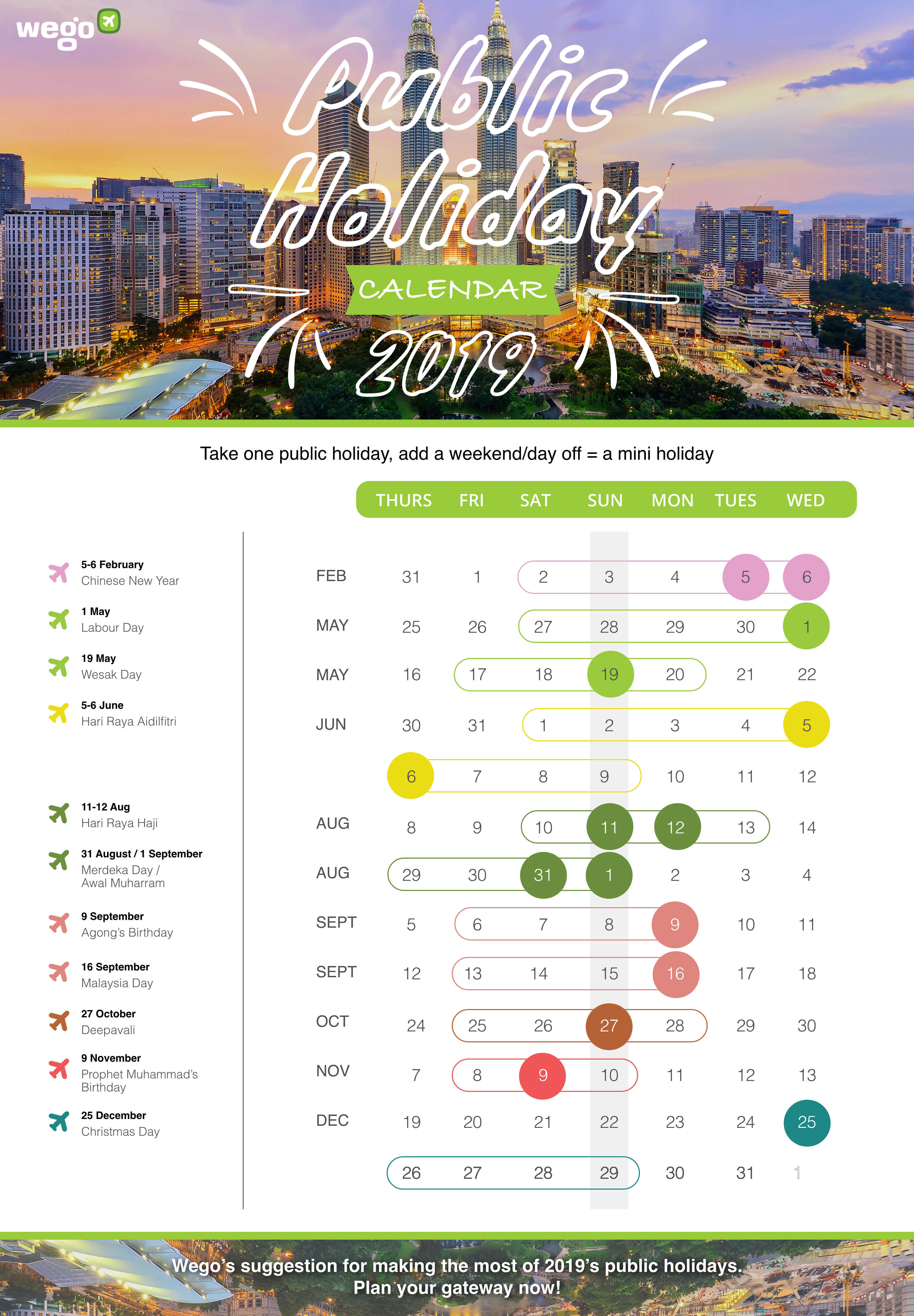 Wego\'s 2019 Calendar for Public Holidays in Malaysia.