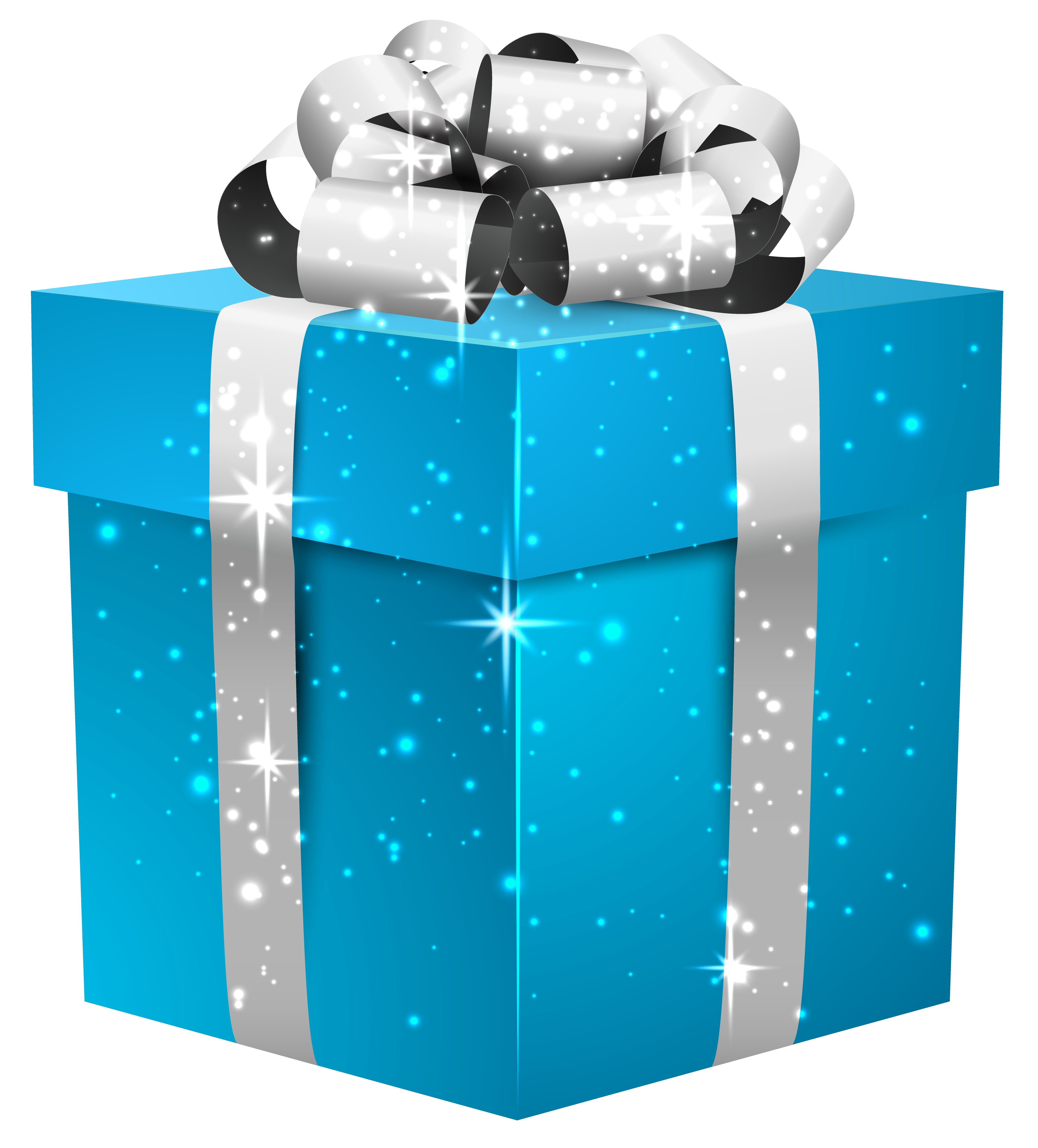 Blue Shining Gift Box with Silver Bow PNG Clipart Image.