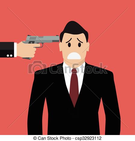 Vector Clip Art of Gun point to businessman head. Business concept.