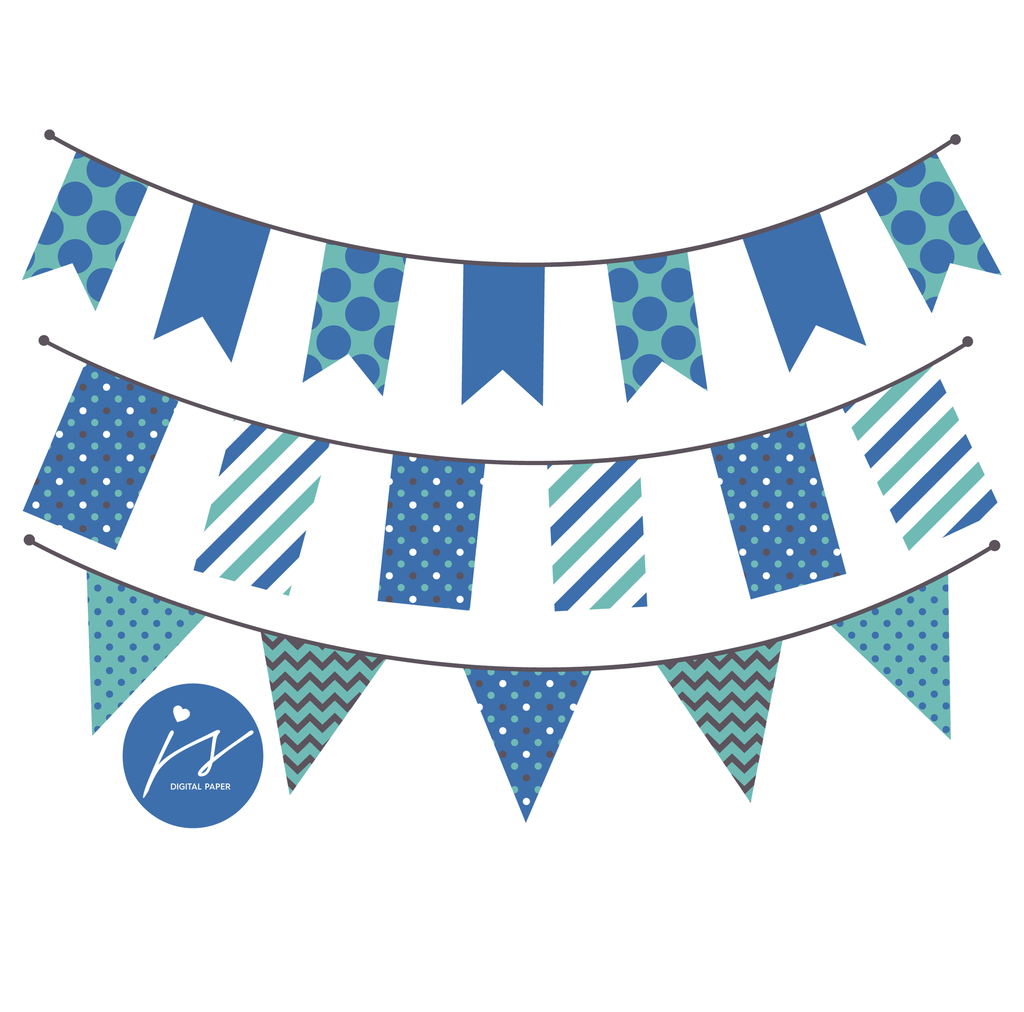 Blue Bunting Banner Flag Clipart with Polka Dots, Stripes.