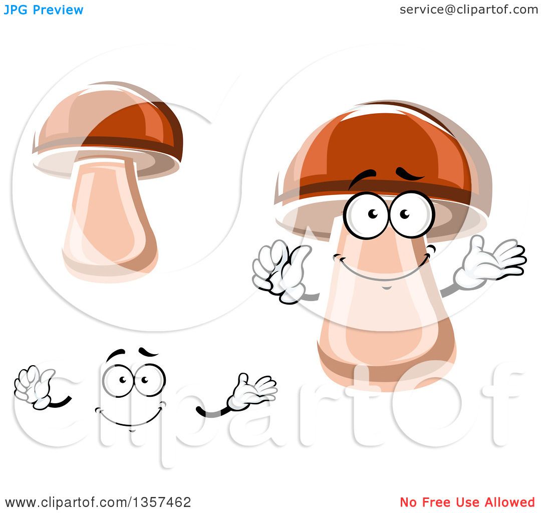 Clipart of a Cartoon Face, Hands and Porcini Mushrooms.