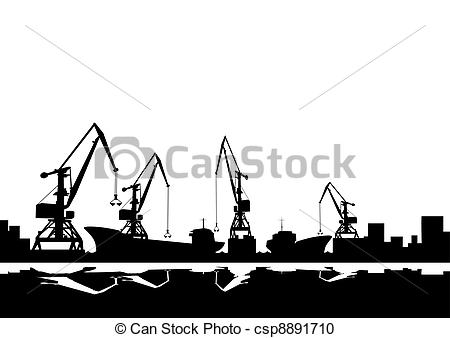 Vector Clipart of Port cranes and ships.