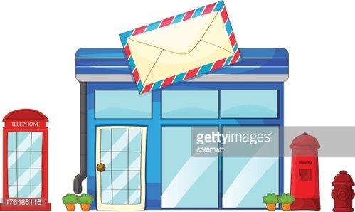 post office, mailbox and a telephone Clipart Image.