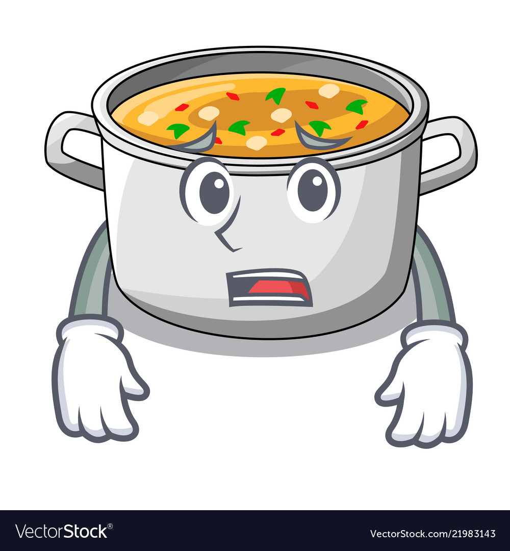 Afraid cooking pot of soup isolated on mascot.