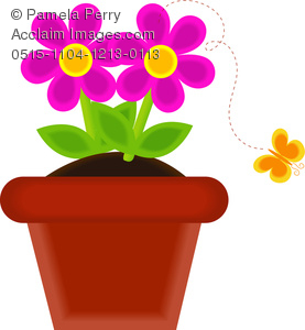 Clip Art Image of a Potted Flower With a Butterfly Flying Away.