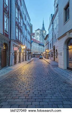 Stock Photograph of Cobblestone street at dawn, Prague, Czech.