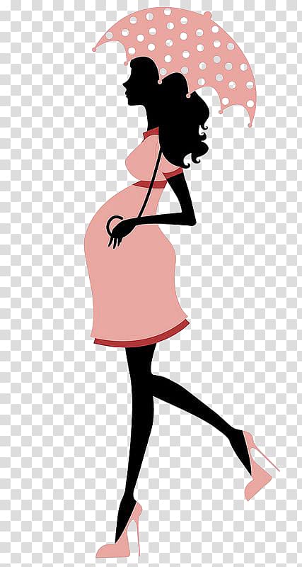 Pregnant woman walking while holding umbrella illustration.