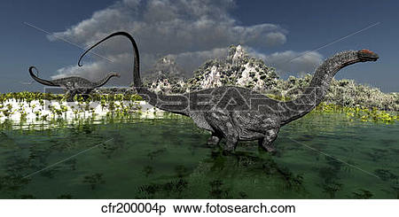 Stock Illustration of Apatosaurus dinosaurs roam the wilderness of.