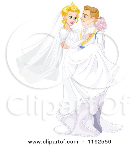 Clipart of a Fairy Tale Wedding Prince and Princess Couple Kissing.