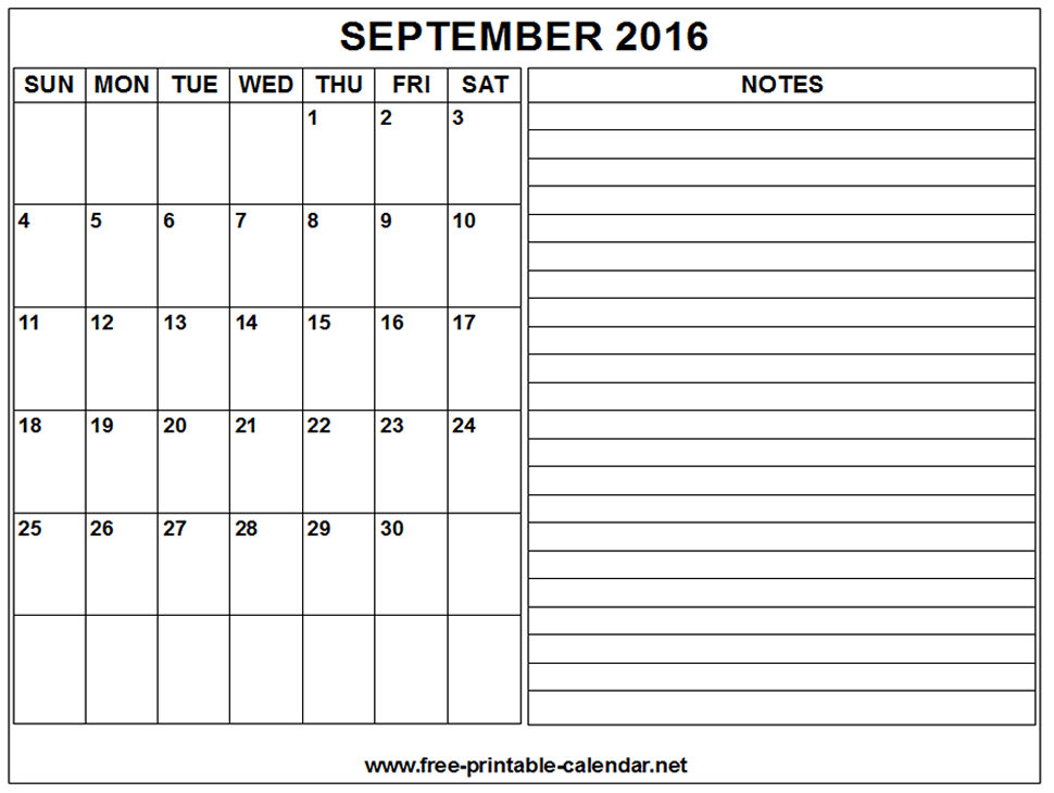 September 2016 calendar and Notes.