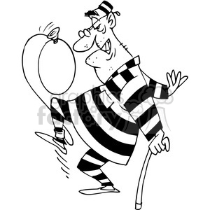 cartoon man in prison with a balloon tied to his ankle in black and white  clipart. Royalty.