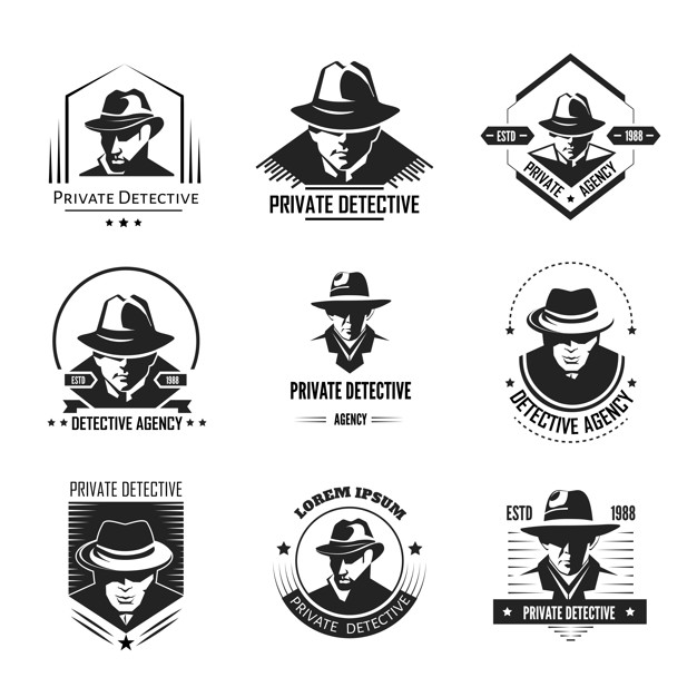 Private detective promotional monochrome logo with man in.