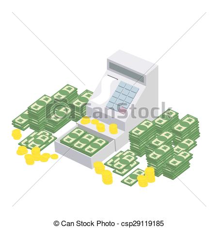 Vector of Open Cash Register Machine with a lot of money. Seller.