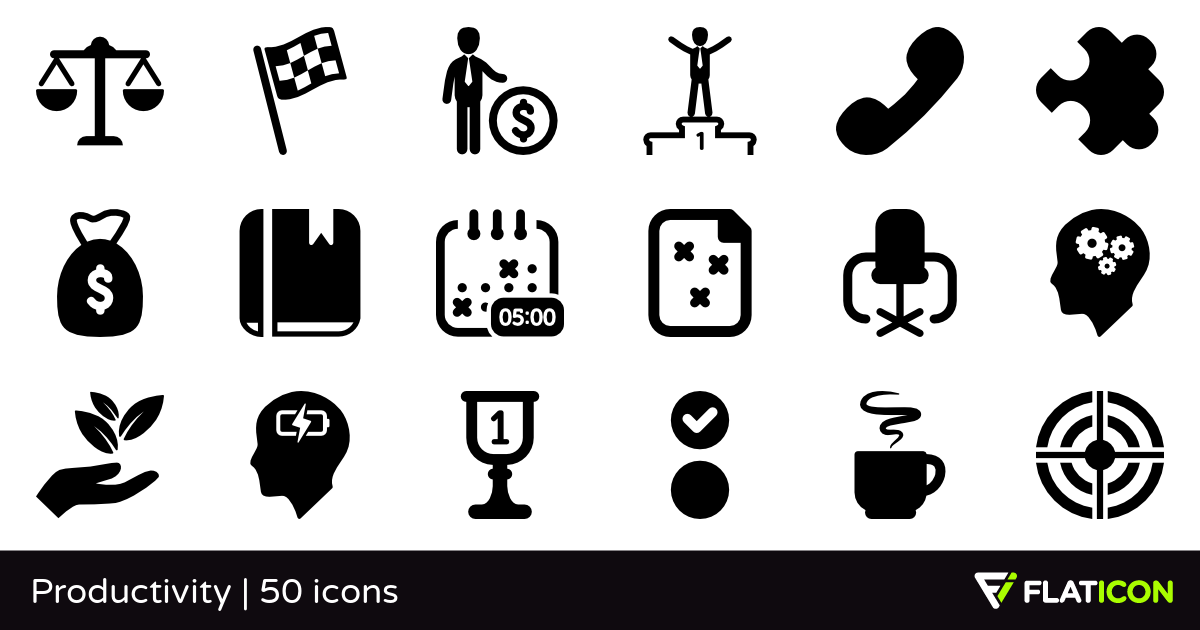 Productivity 50 premium icons (SVG, EPS, PSD, PNG files).