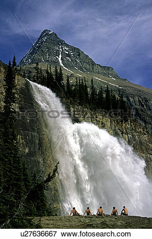 Picture of 5 bare backed men, Emperor Falls, Mount Robson.