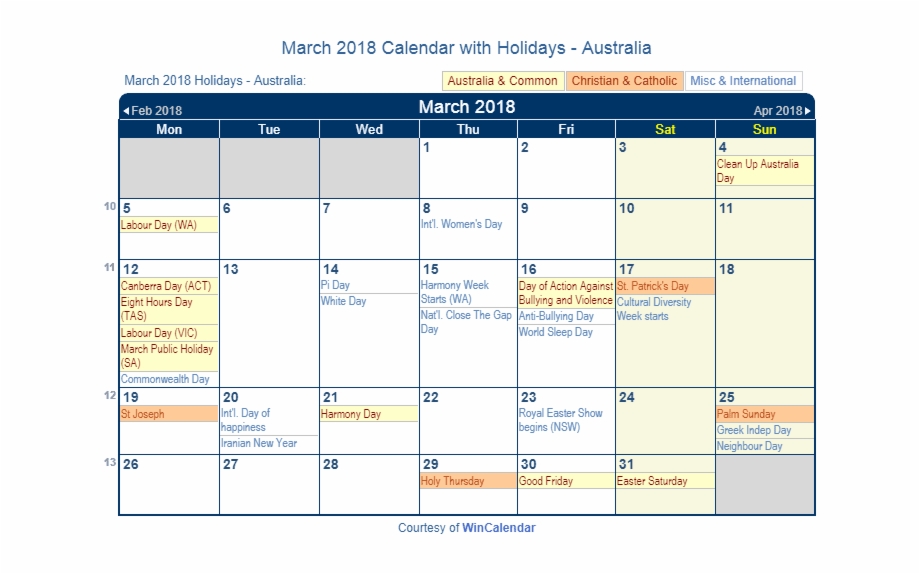 March 2018 Calendar With Australian Holidays To Print.