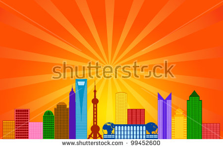 Shanghai China Pudong City Skyline Panorama Color Silhouette With.