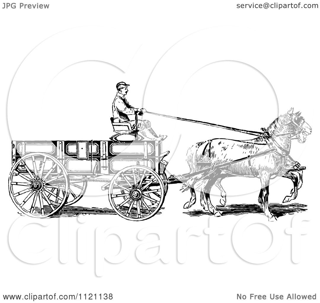 Clipart Of A Retro Vintage Black And White Horse Pulling A Wagon.