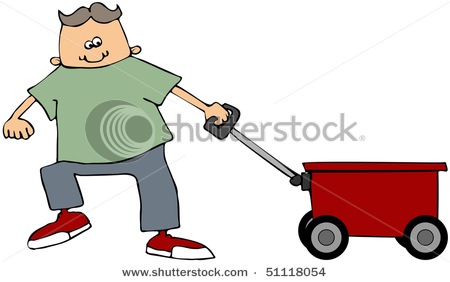 Boy Pulling A Red Wagon.