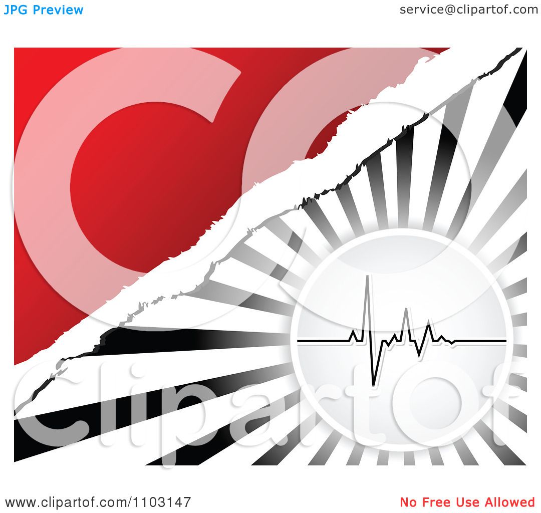 Clipart Pulse Heart Beat Cardiogram Over Rays And Red With Torn.