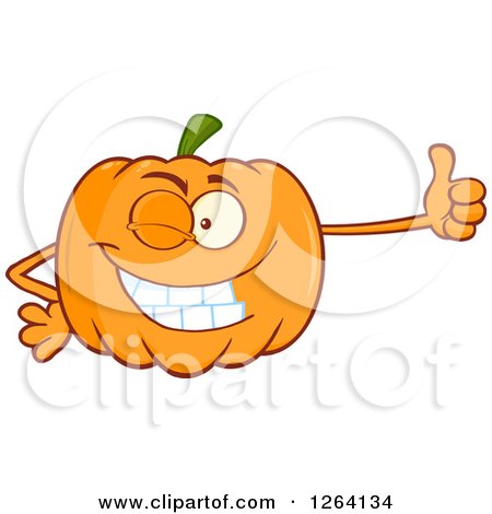 Clipart of a Happy Pumpkin Character Holding a Happy Halloween.