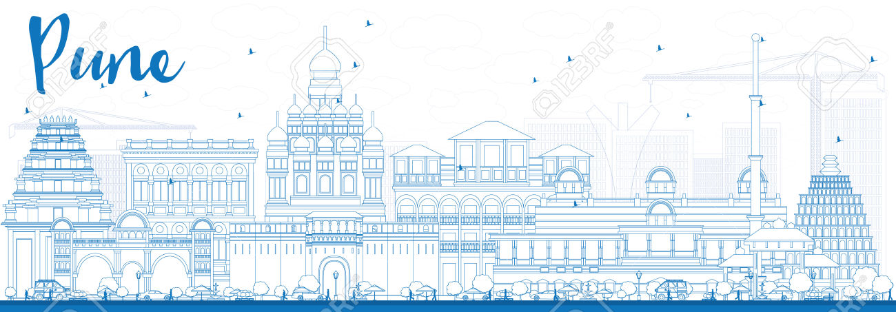 Outline Pune Skyline With Blue Buildings. Vector Illustration.