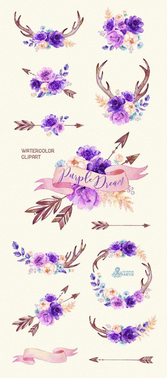 Purple Dream. Watercolor floral Clipart, peony, arrows, antlers.