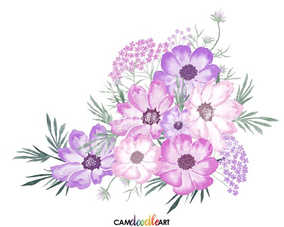 Pink and Purple Watercolor Flowers Clipart Set,Hand Painted.