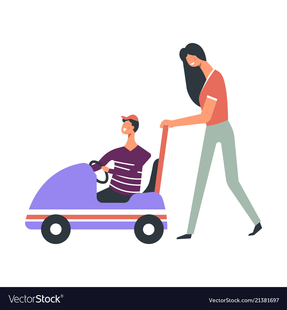 Modern young mother pushes toy car with son in cap vector image.