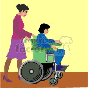 A Woman in Pink Pushing another Woman in a Wheelchair clipart. Royalty.