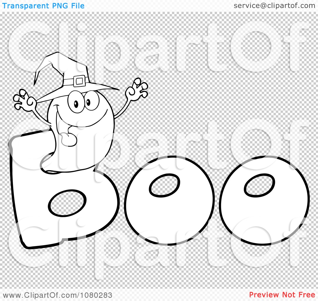 Clipart Outlined Scaring Ghost Wearing A Witch Hat In The Word Boo.