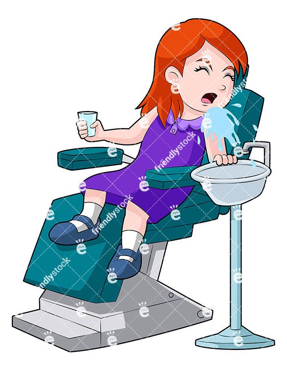A Girl In A Dentist Chair Spitting Water Into The Sink.