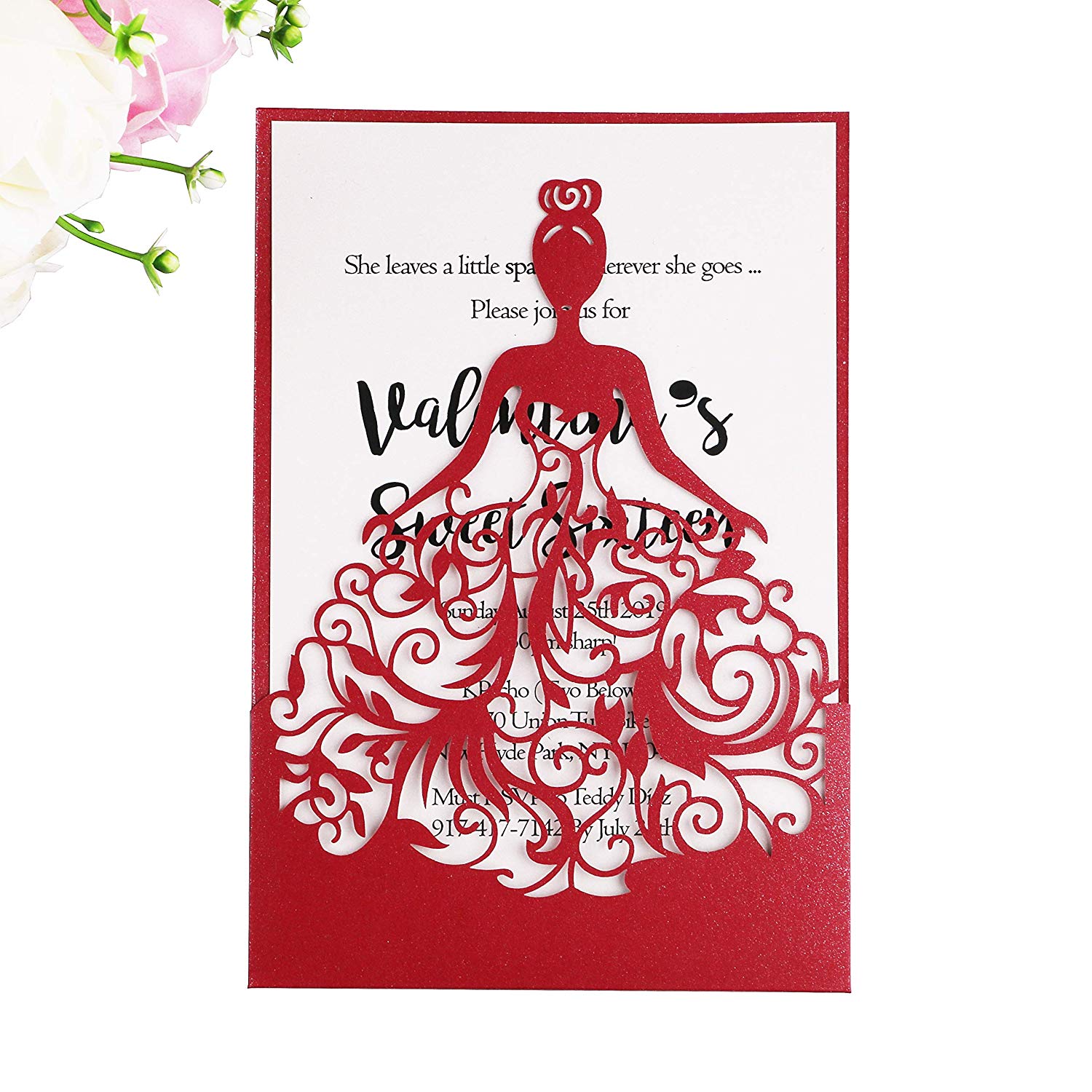 PONATIA 25PCS Laser Cut Crown Wedding Invitations Cards for Birthday Sweet  15 Quinceañera Party Invite, Wedding Bridal Engagement Invite (Red).
