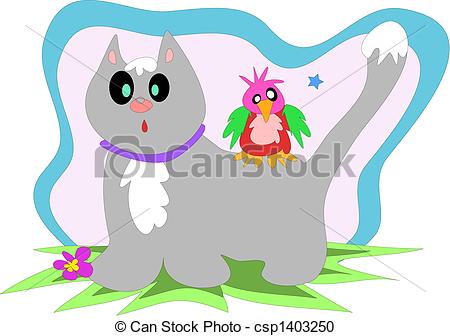Vector Clipart of Snowy Cat and Bird Friends Vector.