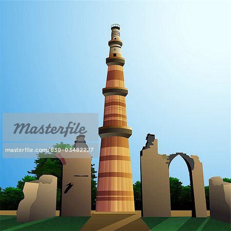 Low angle view of a monument, Qutub Minar, New Delhi, India.