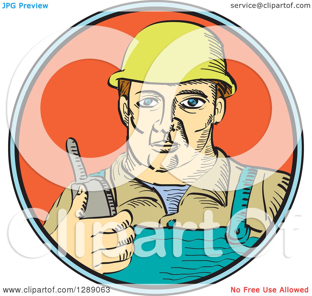 Clipart of a White Male Construction Worker Holding a Radio Phone.