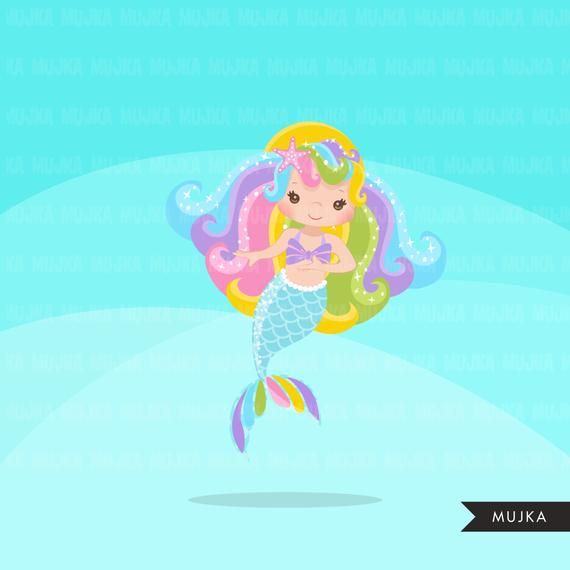 Rainbow Mermaid clipart, pastel mermaid graphics, card.