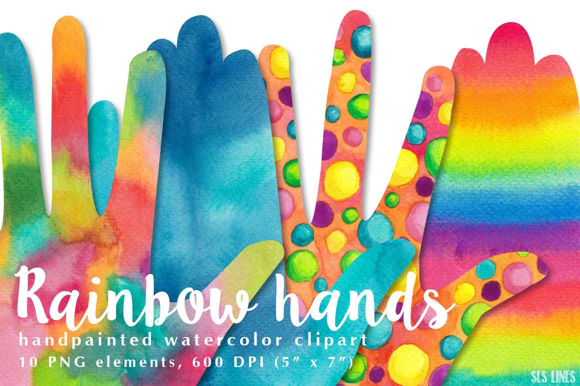 Rainbow Hands Watercolor Shapes Clipart.