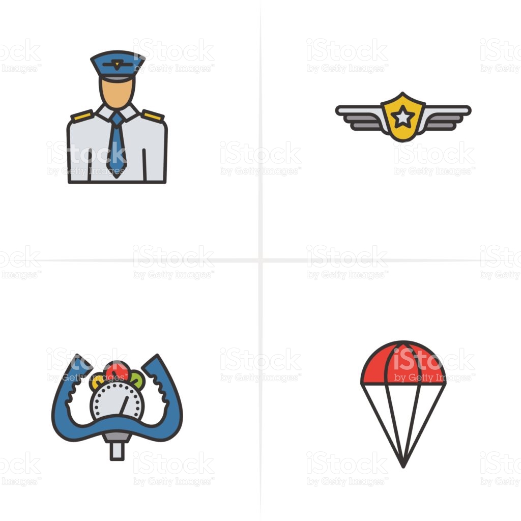 Pilot Color Icons Set Pilot Label Aircraft Control Wheel Parachute.