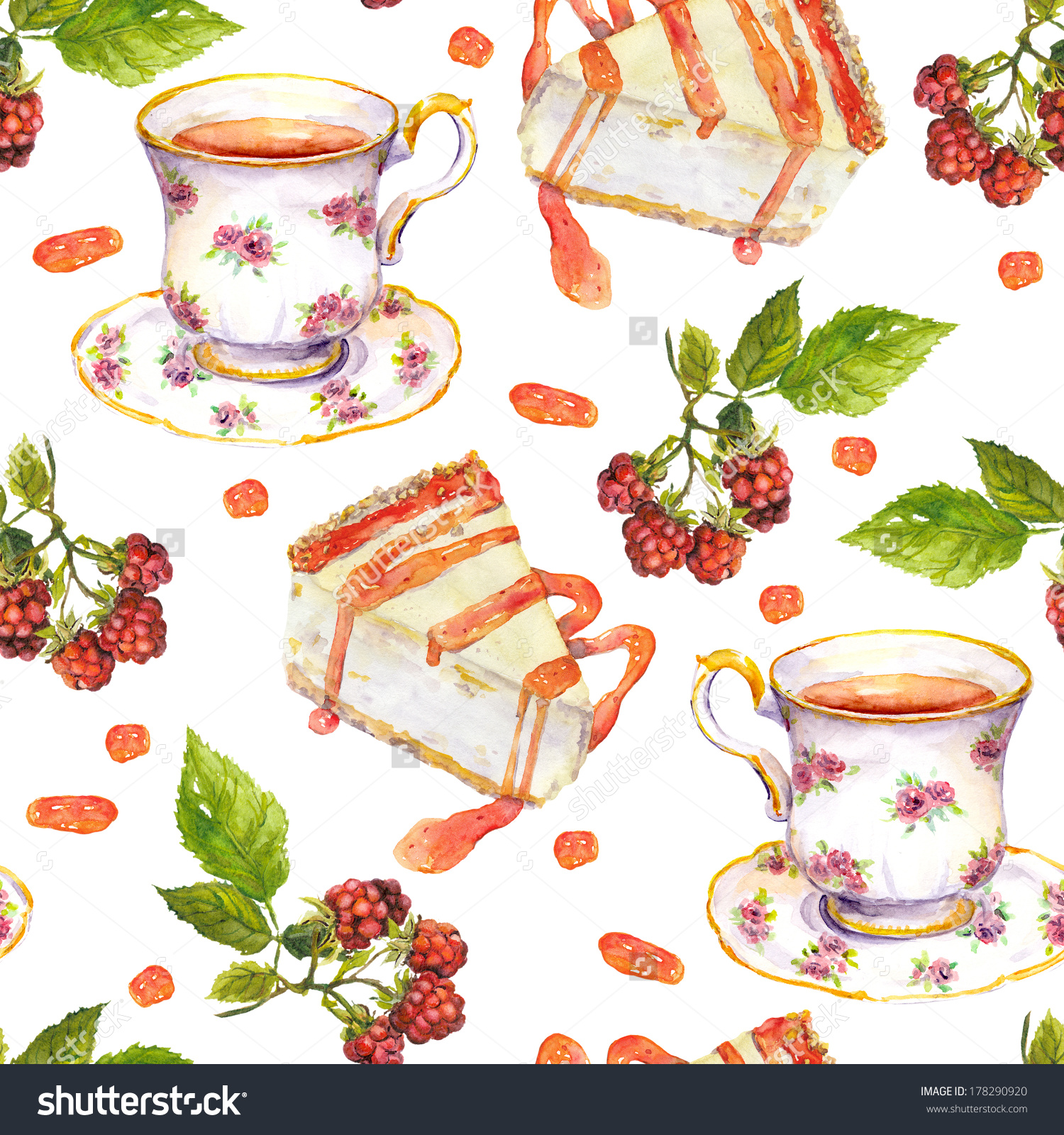 Seamless Repeated Pattern With Tea Cup, Raspberry Berries And.