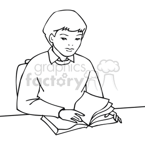 Black and white outline of a student reading a book clipart. Royalty.