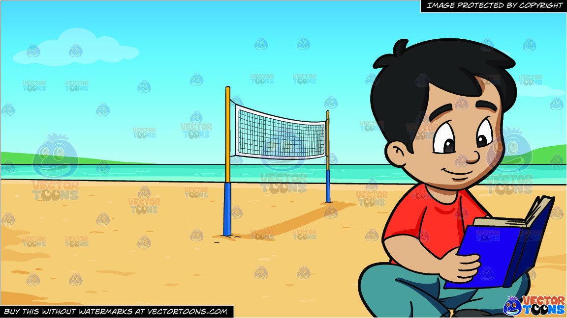 A Boy Reading A Novel and Beach Volleyball Background.