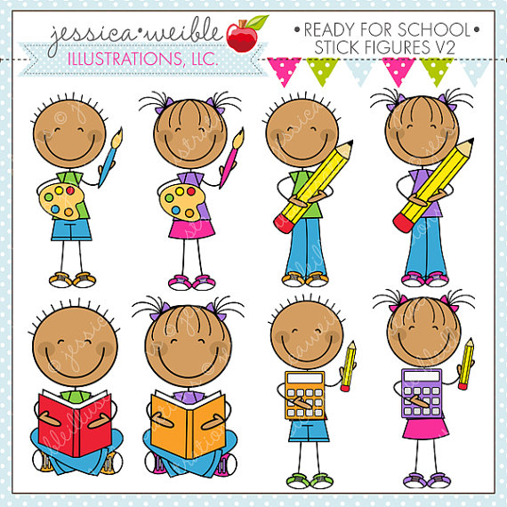 Ready For School Stick Figures V2 Cute Digital Clipart for.