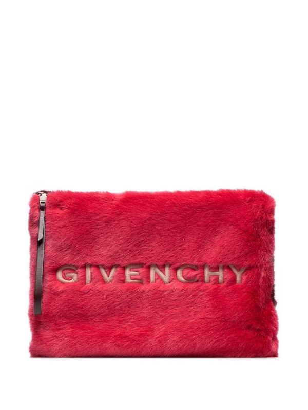 Givenchy Red And White Logo Embroidered Faux Fur Pouch.