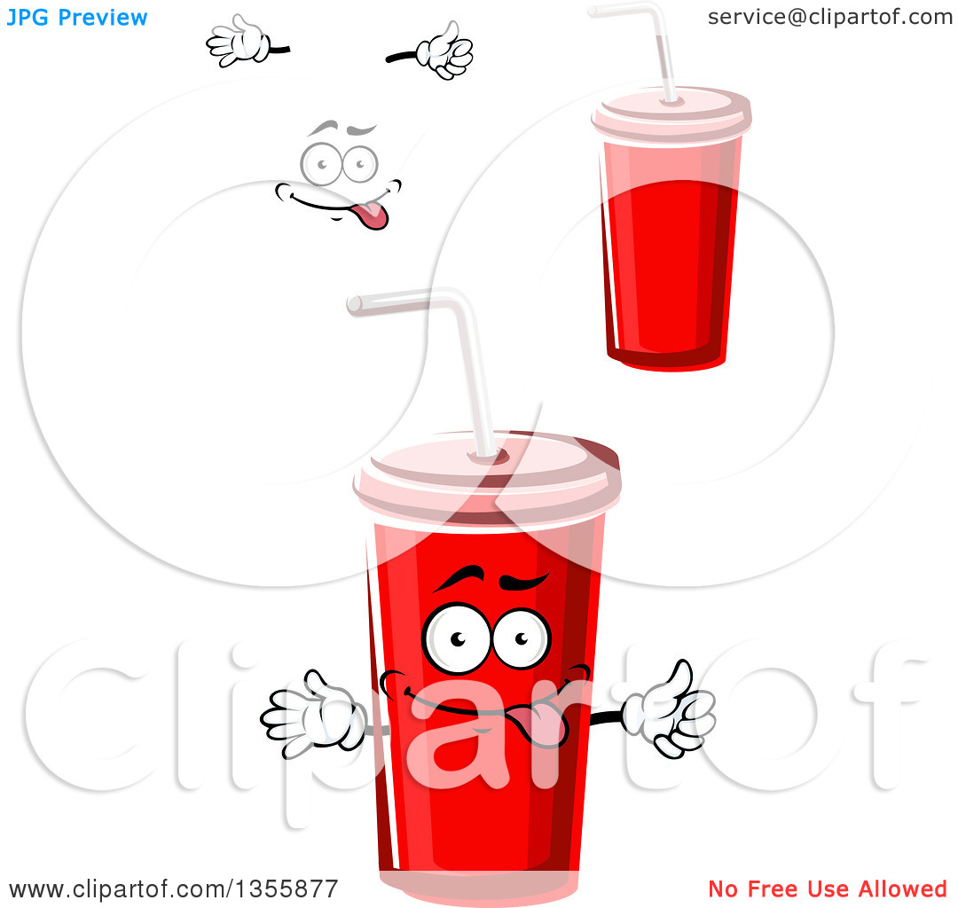 Clipart of a Cartoon Face, Hands and Red Fountain Soda Cups.