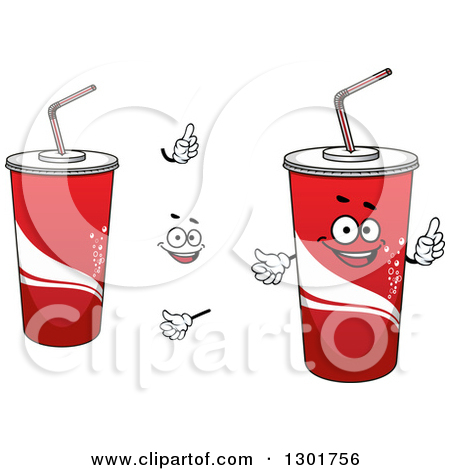 Clipart of a Cartoon Face, Hands and Red Fountain Soda Cups.