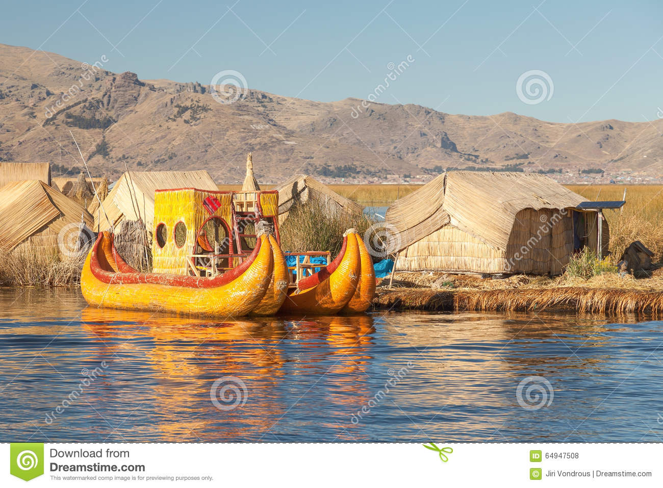 Reed Boat On Island Of Uros Lake Titicaca Peru And Bolivia. Stock.