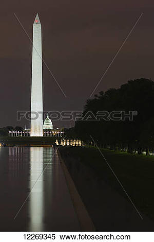 Stock Image of Reflecting pool, Washington Monument and US Capitol.