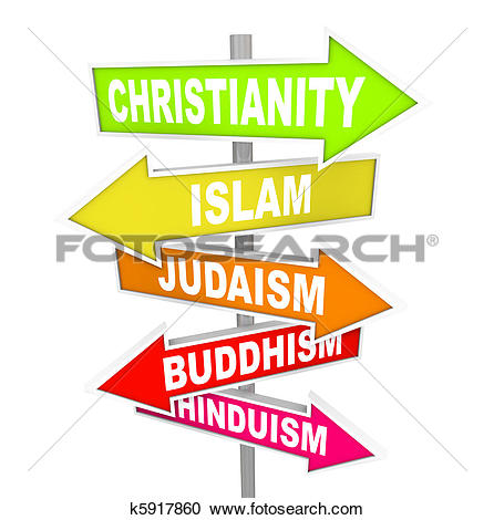 Stock Photography of Five Major World Religions on Arrow Signs.