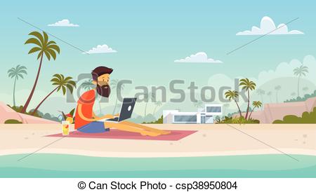 Vector Clipart of Man Freelance Remote Working Place Using Laptop.